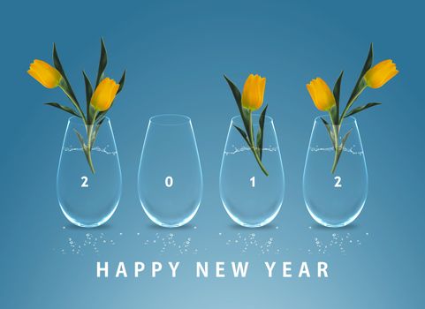 Happy new year 2012, conceptual image vases with yellow tulip flowers making 2012 year numbers.