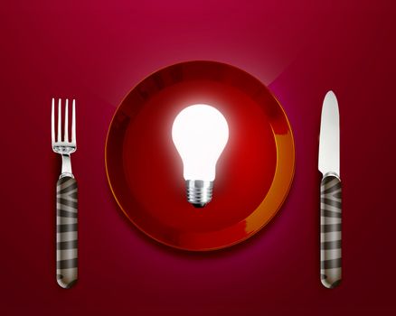 Creative Thinking With Brainstorming, glow lamp in red plate knife and frok.