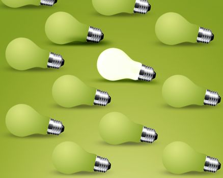 one glowing Light bulb from many turn off Light bulbs, idea on green background