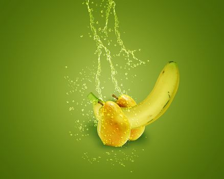 Fresh banana and pear with water splashes on green background.