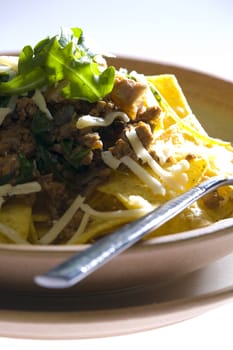 minced beef meat with rucola and nachos