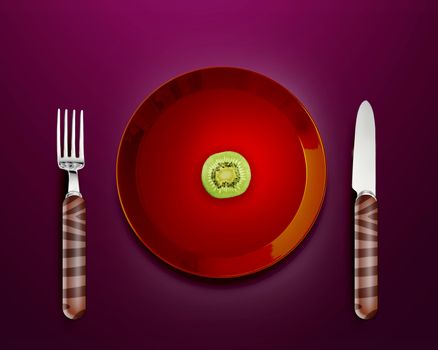 very hard diet, kiwi slice in red plate.