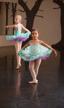 Two little ballet students practice in a dance studio