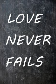 Love Never Fails written on a smudged chalkboard