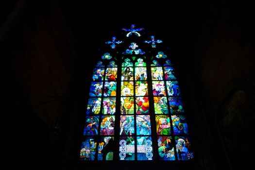 a stained-glass window in the St. Vitus cathedral. praha