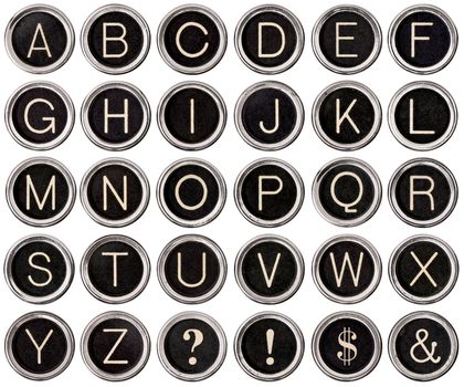 Full alphabet of vintage typewriter keys including dollar sign, ampersand, exclamation and question marks.  Each key is isolated on white with clipping path.