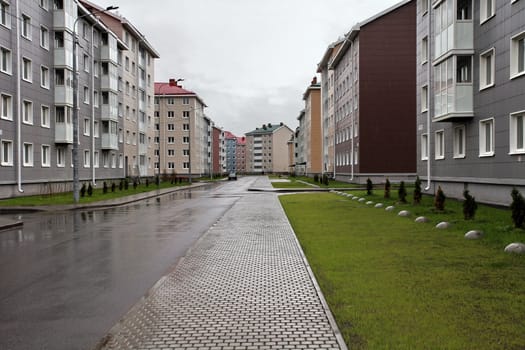 View of the city street in the rain