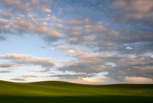 Rolling hills, clouds and the moon at sunset in spring, Whitman County, Washington, USA