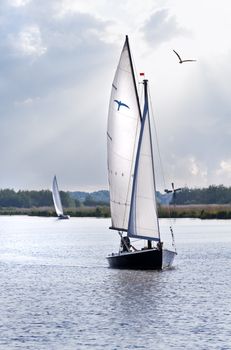 Relaxing on the water in sailboats on sunny day in spring or summer