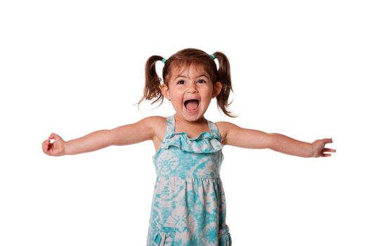 Cute beautiful funny ecstatic happy little toddler girl celebrating with open arms, isolated.