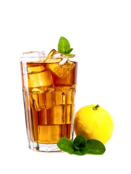 Lemon and mint ice tea isolated on white