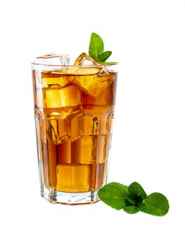 Large glass of refreshing mint ice tea, isolated on white