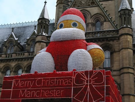 Christas decoration in front of the Town Hall building in Manchester.