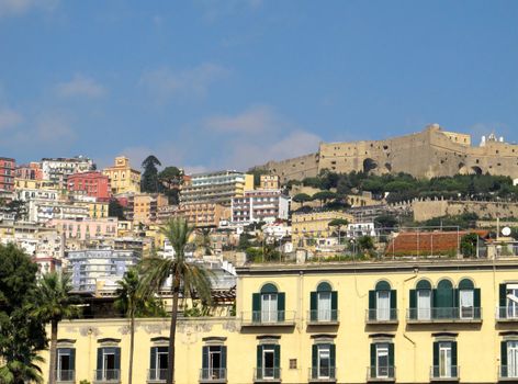 Colorful Naples city view with Castel Sant'Elmo at the back.