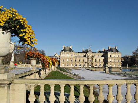 Winter scene at the The Luxembourg Palace in Paris - the seat of the French Senate.