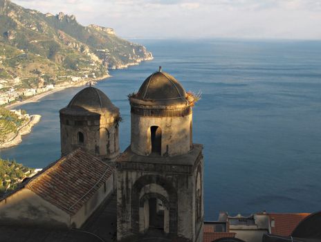 Panoramic view over the church twin domes toward Amalfi coast.