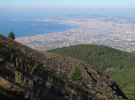 Panoramic view of Naples bay from the top of Mount Vesuvius.