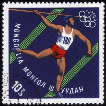 MONGOLIA - CIRCA 1964: A stamp printed in MONGOLIA shows javelin thrower with the inscription "Tokyo, 1964",  series "XVIII Summer Olympic Games, Tokyo, 1964", circa 1964