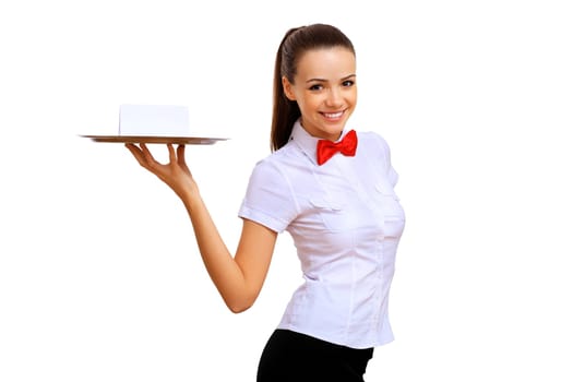 Portrait of young waitress with an empty tray