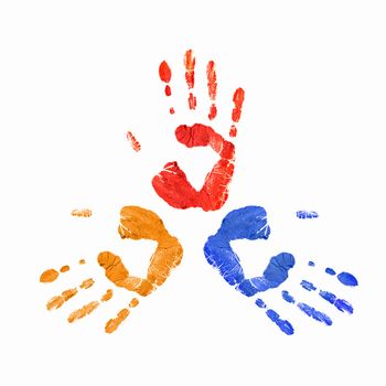 Colourful prints of human hands on white background