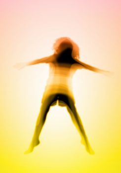 Image with a blurred female silhouette against colour background