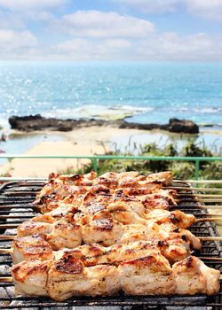 Chicken barbecue on the background of the sparkling sea