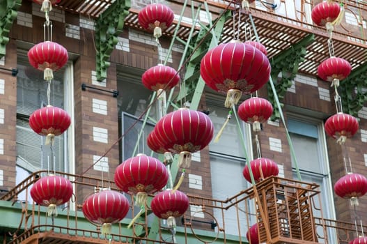 garlands of red Chinese lanterns on the street in Chinatown in San Francisco, California, USA