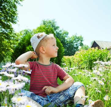 Small boy sitting on the grass among flowers