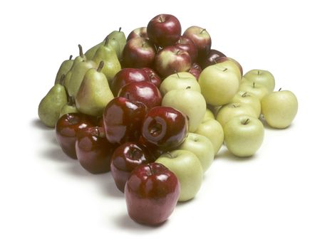 A pile of a variety of apples and pears on a white background