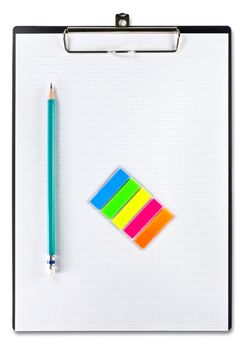 white paper and pencil on clipboard isolated