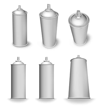 Blank spray aerosol can bottle various angles white background isolated