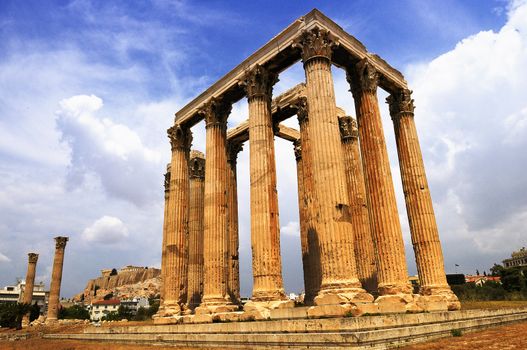 Temple of the Olympian Zeus and the Acropolis in Athens, Greece 