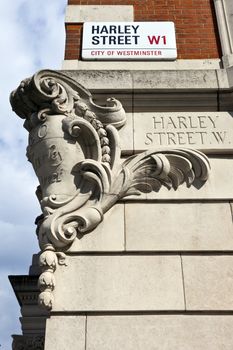 Street sign for Harley Street in London, which has been noted since the 19th century for its large number of private specialists in medicine and surgery.