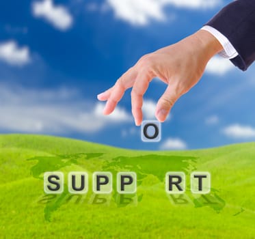 business man hand and support word business concept
