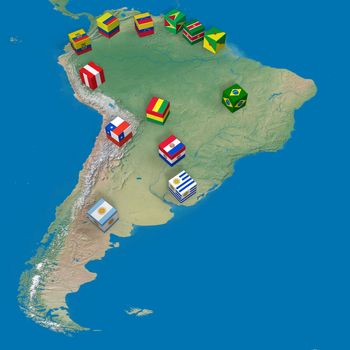 Countries of South America and blocks with flags