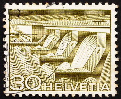 SWITZERLAND - CIRCA 1949: a stamp printed in the Switzerland shows Dam and Power Station, Hydroelectric Power, circa 1949
