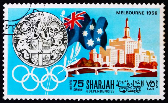 SHARJAH - CIRCA 1968: a stamp printed in the Sharjah UAE shows Olympic Games Melbourne 1956, Australia, History of Olympic Games, circa 1968