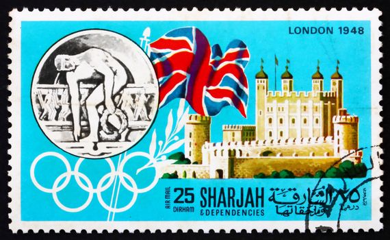 SHARJAH - CIRCA 1968: a stamp printed in the Sharjah UAE shows Olympic Games London 1948, Great Britain, History of Olympic Games, circa 1968