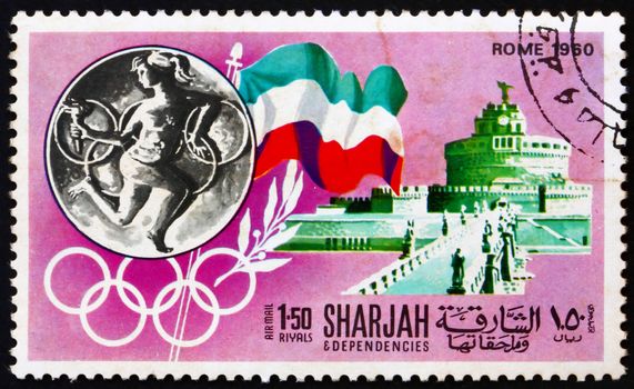 SHARJAH - CIRCA 1968: a stamp printed in the Sharjah UAE shows Olympic Games Rome 1960, Italy, History of Olympic Games, circa 1968