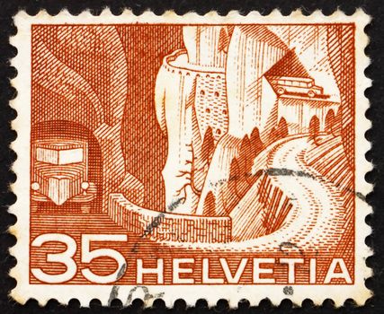 SWITZERLAND - CIRCA 1949: a stamp printed in the Switzerland shows Alpine Postal Road, circa 1949