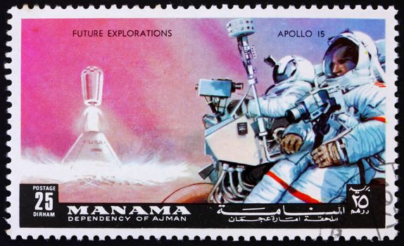 MANAMA - CIRCA 1972: a stamp printed in the Manama, Bahrain shows Astronaut with Camera, Apollo 15, Mission to the Moon, circa 1972