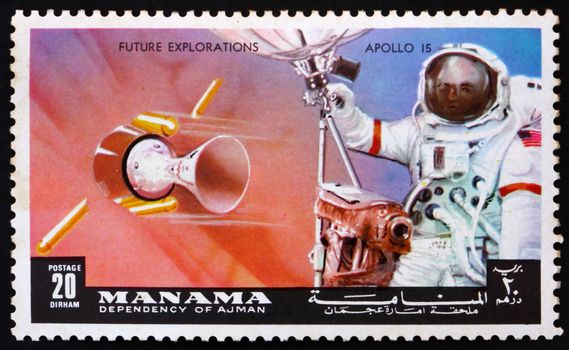 MANAMA - CIRCA 1972: a stamp printed in the Manama, Bahrain shows Astronaut and Radar Antenna, Apollo 15, Mission to the Moon, circa 1972