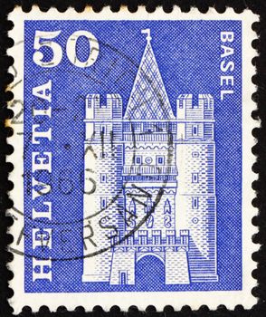 SWITZERLAND - CIRCA 1960: a stamp printed in the Switzerland shows Spalen Gate, Basel, Switzerland, circa 1960
