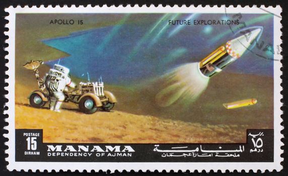 MANAMA - CIRCA 1972: a stamp printed in the Manama, Bahrain shows Astronaut and Lunar Rover, Apollo 15, Mission to the Moon, circa 1972