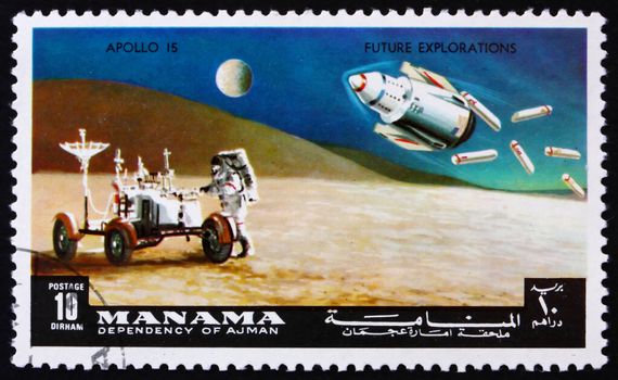 MANAMA - CIRCA 1972: a stamp printed in the Manama, Bahrain shows Astronaut and Lunar Rover, Apollo 15, Mission to the Moon, circa 1972