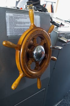 Warship command bridge. Ship wheel