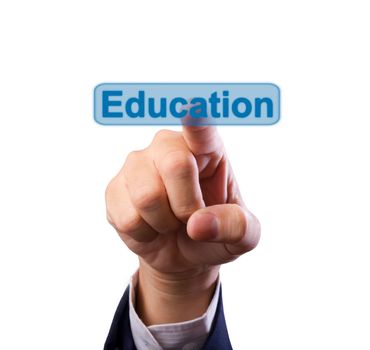business man hand pushing education button isolated