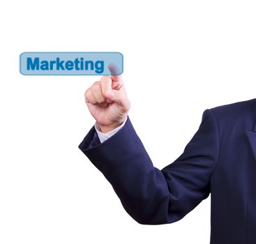 business man hand pushing marketing button isolated