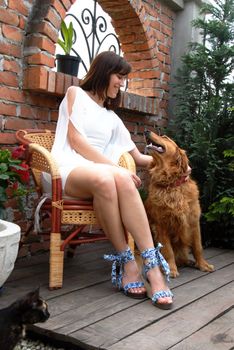 young caucasian brunette woman in white dress with her golden retriever dog
