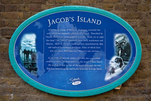 Plaque marking the location of Jacob's Island.  It was a notorious rookery in Bermondsey, on the south bank of the River Thames in London.